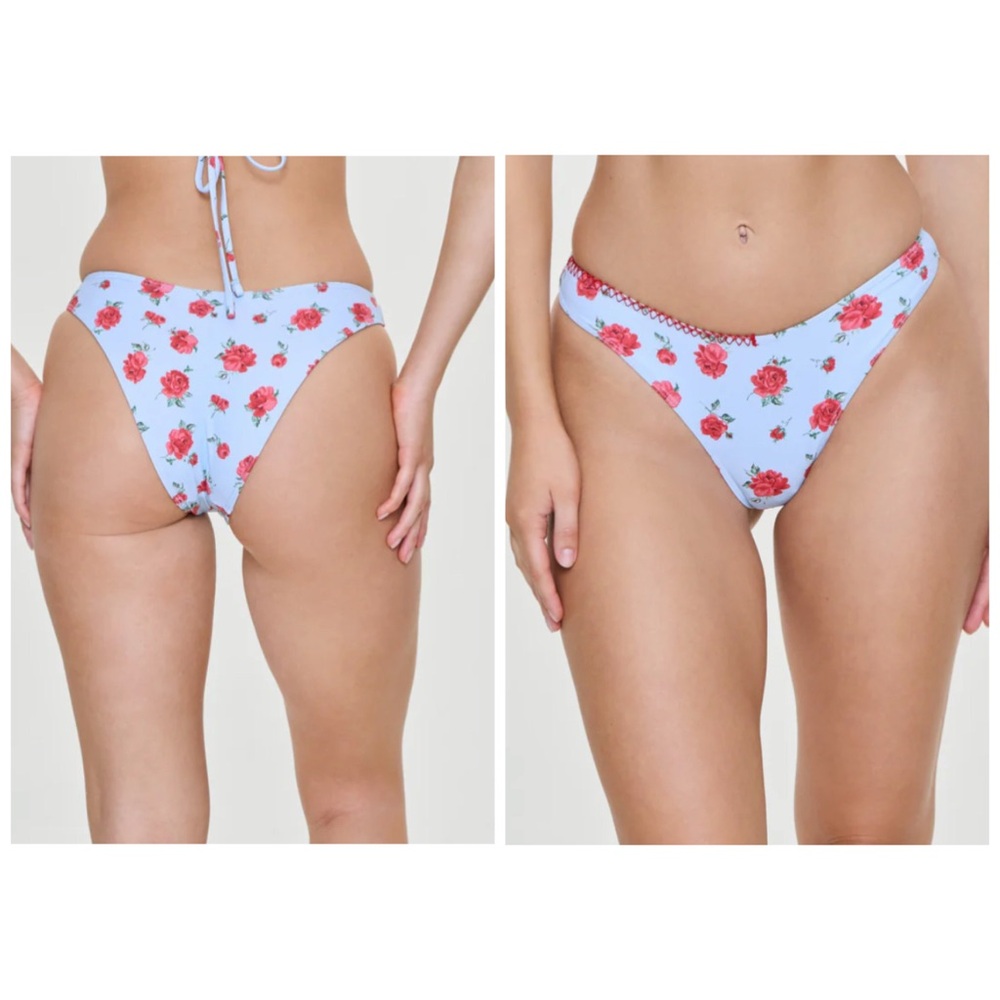 Frankie’s Bikinis Dove Bottom Bikini Rosewater Print Sky Blue Rose Red Medium